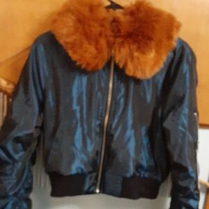 Forever 21 teal Jacket with Brown Faux Fur